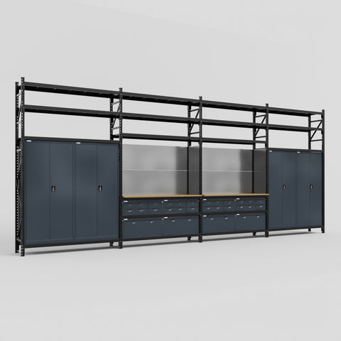 M2222 Modular Work Bench with Shelves - H3100mm x W7500mm | MDF WBT | Dark Grey