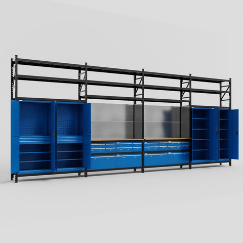 M2222 Modular Work Bench with Shelves - H3100mm x W7500mm | MDF WBT | Blue