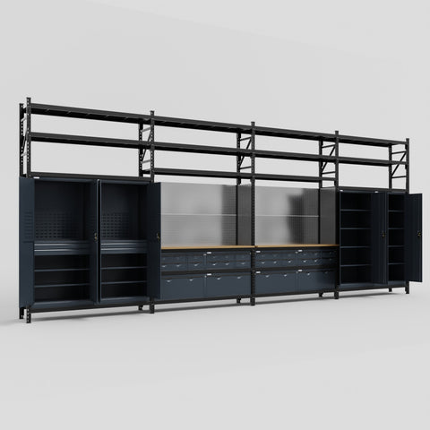 M2222 Modular Work Bench with Shelves - H3100mm x W7500mm | MDF WBT | Dark Grey
