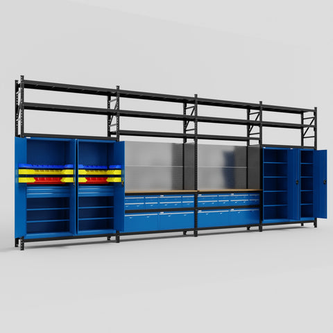 M2222 Modular Work Bench with Shelves - H3100mm x W7500mm | MDF WBT | Blue