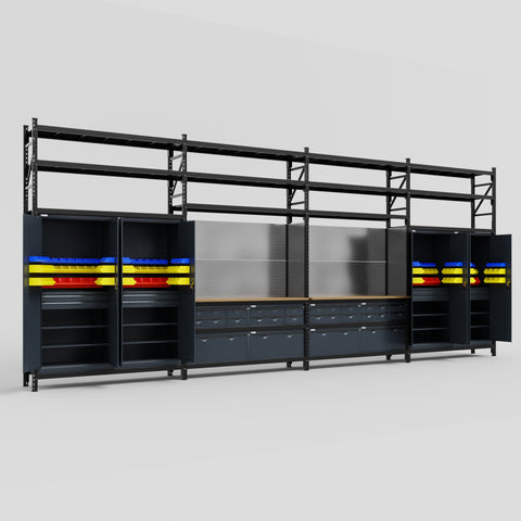 M2222 Modular Work Bench with Shelves - H3100mm x W7500mm | MDF WBT | Dark Grey