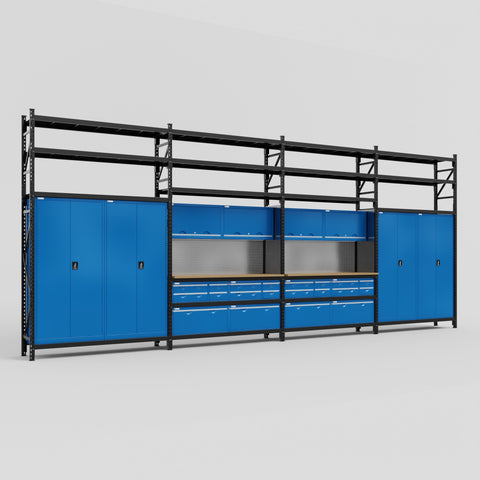 M2222 Modular Work Bench with Shelves - H3100mm x W7500mm | MDF WBT | Blue