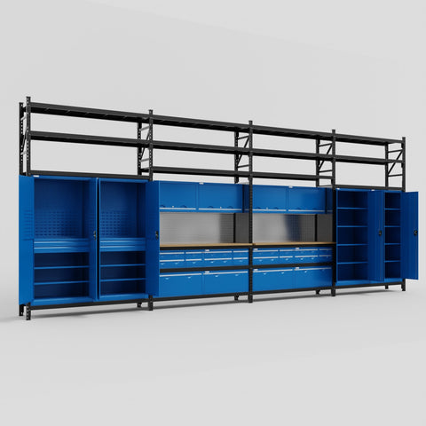 M2222 Modular Work Bench with Shelves - H3100mm x W7500mm | MDF WBT | Blue