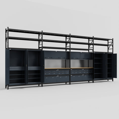 M2222 Modular Work Bench with Shelves - H3100mm x W7500mm | MDF WBT | Dark Grey