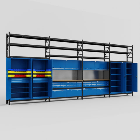 M2222 Modular Work Bench with Shelves - H3100mm x W7500mm | MDF WBT | Blue