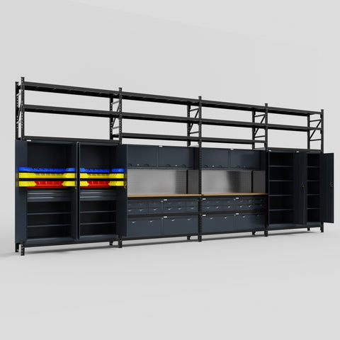 M2222 Modular Work Bench with Shelves - H3100mm x W7500mm | MDF WBT | Dark Grey