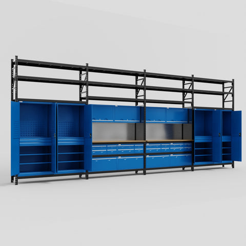 M2222 Modular Work Bench with Shelves - H3100mm x W7500mm | MDF WBT | Blue