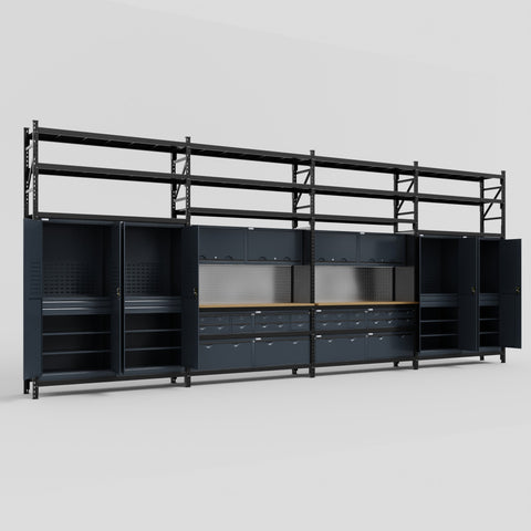 M2222 Modular Work Bench with Shelves - H3100mm x W7500mm | MDF WBT | Dark Grey