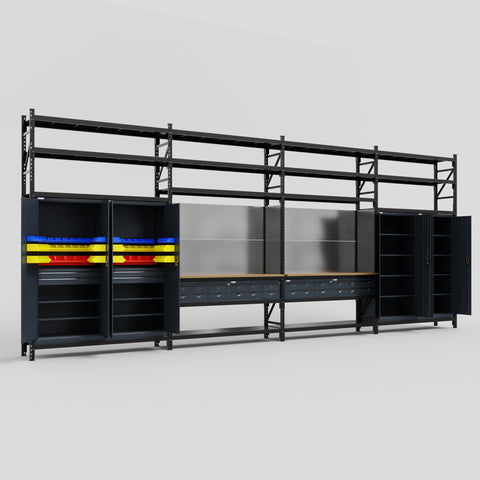 M2222 Modular Work Bench with Shelves - H3100mm x W7500mm | MDF WBT | Dark Grey