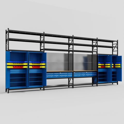 M2222 Modular Work Bench with Shelves - H3100mm x W7500mm | MDF WBT | Blue