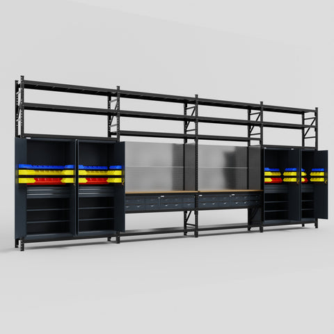 M2222 Modular Work Bench with Shelves - H3100mm x W7500mm | MDF WBT | Dark Grey