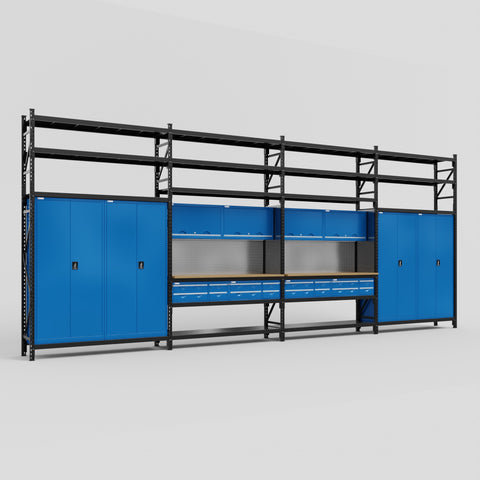 M2222 Modular Work Bench with Shelves - H3100mm x W7500mm | MDF WBT | Blue