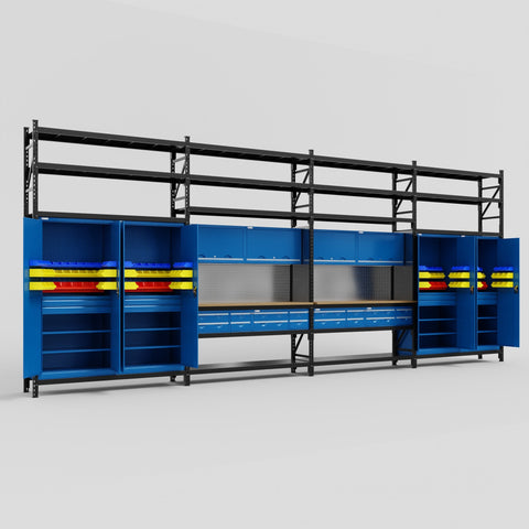 M2222 Modular Work Bench with Shelves - H3100mm x W7500mm | MDF WBT | Blue
