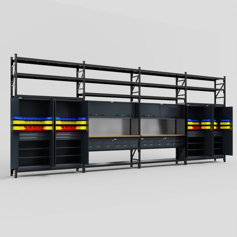 M2222 Modular Work Bench with Shelves - H3100mm x W7500mm | MDF WBT | Dark Grey