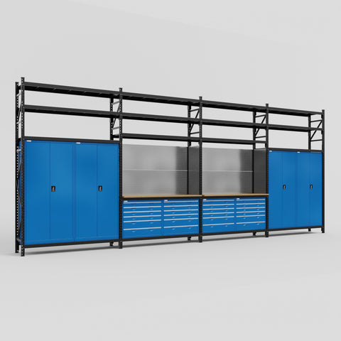 M2222 Modular Work Bench with Shelves - H3100mm x W7500mm | MDF WBT | Blue