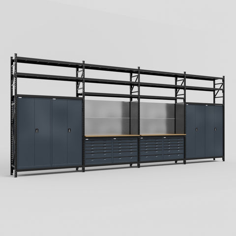 M2222 Modular Work Bench with Shelves - H3100mm x W7500mm | MDF WBT | Dark Grey