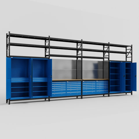 M2222 Modular Work Bench with Shelves - H3100mm x W7500mm | MDF WBT | Blue
