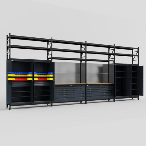 M2222 Modular Work Bench with Shelves - H3100mm x W7500mm | MDF WBT | Dark Grey