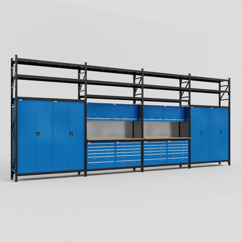 M2222 Modular Work Bench with Shelves - H3100mm x W7500mm | MDF WBT | Blue