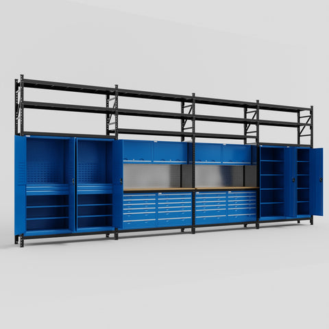 M2222 Modular Work Bench with Shelves - H3100mm x W7500mm | MDF WBT | Blue