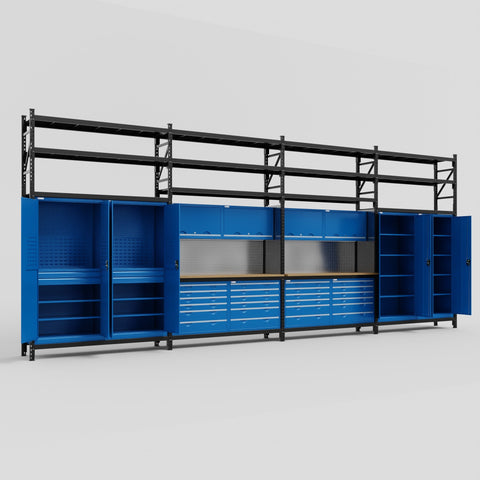 M2222 Modular Work Bench with Shelves - H3100mm x W7500mm | MDF WBT | Blue