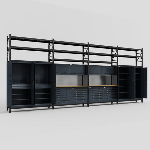 M2222 Modular Work Bench with Shelves - H3100mm x W7500mm | MDF WBT | Dark Grey