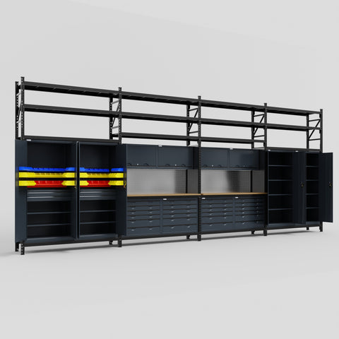 M2222 Modular Work Bench with Shelves - H3100mm x W7500mm | MDF WBT | Dark Grey