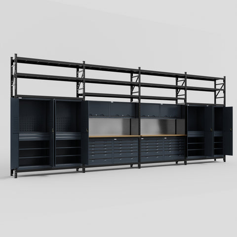 M2222 Modular Work Bench with Shelves - H3100mm x W7500mm | MDF WBT | Dark Grey