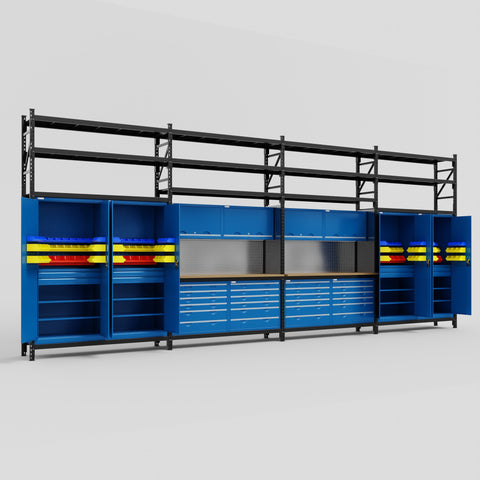M2222 Modular Work Bench with Shelves - H3100mm x W7500mm | MDF WBT | Blue