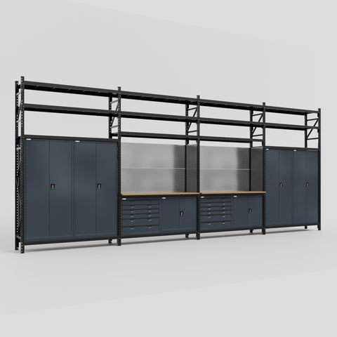 M2222-3S Modular Work Bench with Shelves - H3100mm x W7500mm | MDF WBT | Dark Grey