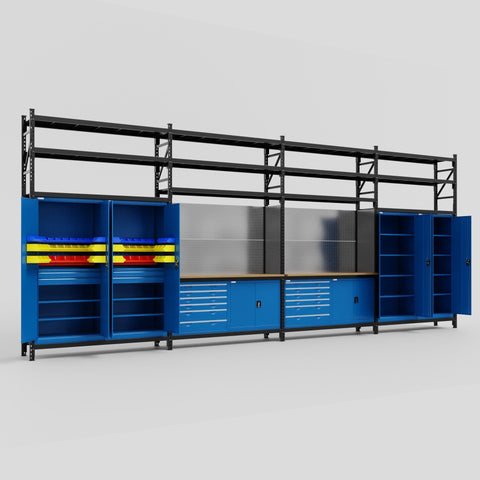 M2222-3S Modular Work Bench with Overheads & Shelves - H3100mm x W7500mm | MDF WBT | Blue