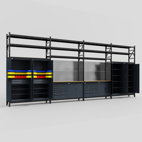 M2222-3S Modular Work Bench with Overheads & Shelves - H3100mm x W7500mm | MDF WBT | Dark Grey