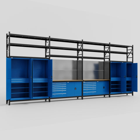 M2222-3S Modular Work Bench with Shelves - H3100mm x W7500mm | MDF WBT | Blue
