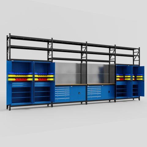 M2222-3S Modular Work Bench with Shelves - H3100mm x W7500mm | MDF WBT | Blue