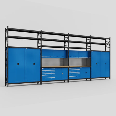 M2222-3S Modular Work Bench with Shelves - H3100mm x W7500mm | MDF WBT | Blue