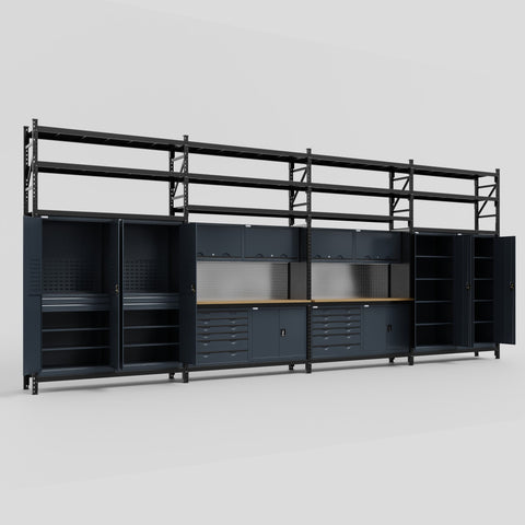M2222-3S Modular Work Bench with Shelves - H3100mm x W7500mm | MDF WBT | Dark Grey