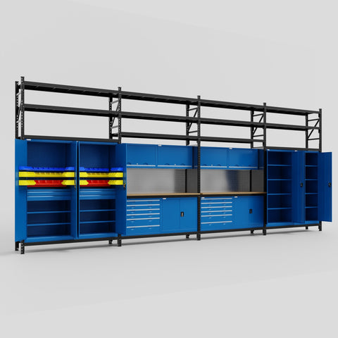 M2222-3S Modular Work Bench with Shelves - H3100mm x W7500mm | MDF WBT | Blue