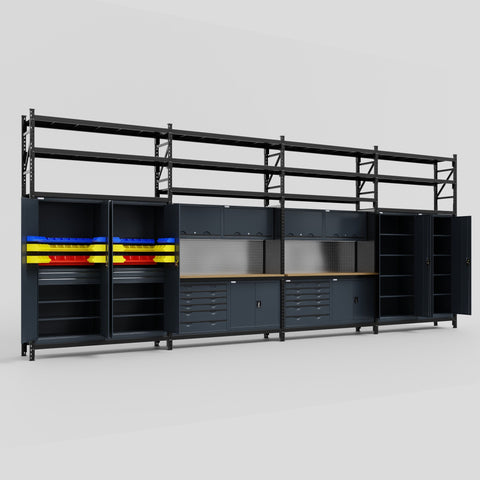 M2222-3S Modular Work Bench with Shelves - H3100mm x W7500mm | MDF WBT | Dark Grey