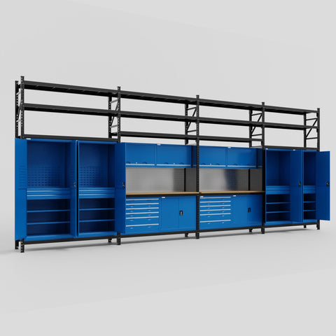 M2222-3S Modular Work Bench with Shelves - H3100mm x W7500mm | MDF WBT | Blue