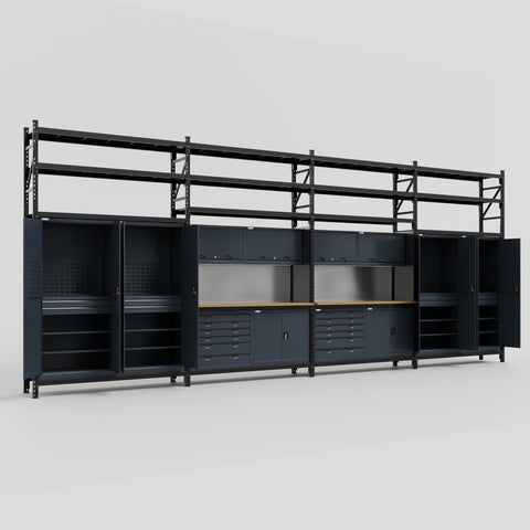 M2222-3S Modular Work Bench with Shelves - H3100mm x W7500mm | MDF WBT | Dark Grey