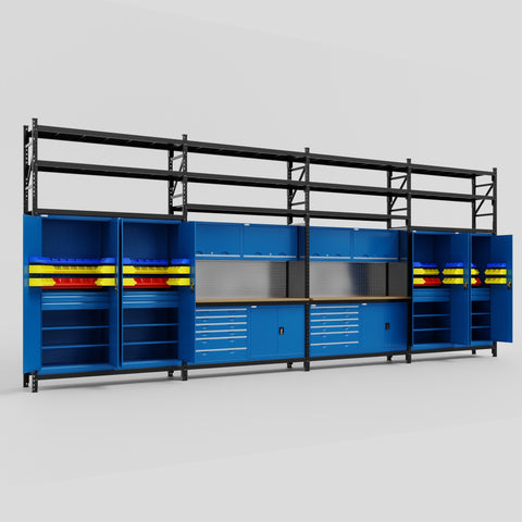 M2222-3S Modular Work Bench with Shelves - H3100mm x W7500mm | MDF WBT | Blue