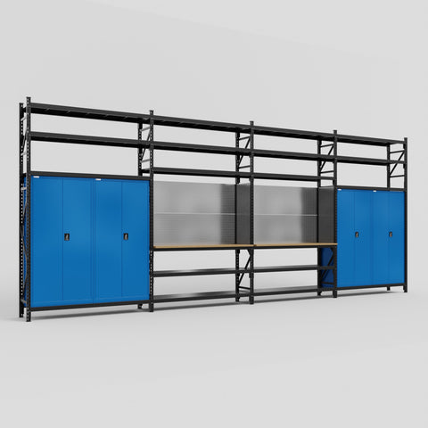M2222 Modular Work Bench with Shelves - H3100mm x W7500mm | MDF WBT | Blue