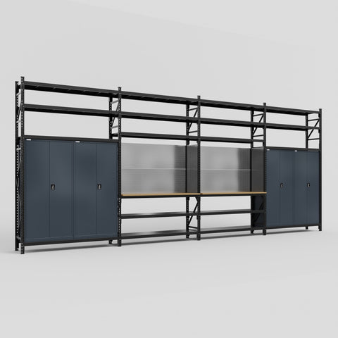 M2222 Modular Work Bench with Shelves - H3100mm x W7500mm | MDF WBT | Dark Grey
