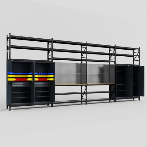 M2222 Modular Work Bench with Shelves - H3100mm x W7500mm | MDF WBT | Dark Grey