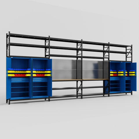 M2222 Modular Work Bench with Shelves - H3100mm x W7500mm | MDF WBT | Blue