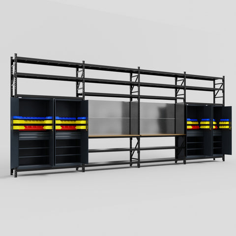 M2222 Modular Work Bench with Shelves - H3100mm x W7500mm | MDF WBT | Dark Grey