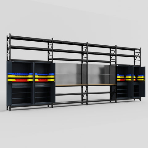 M2222 Modular Work Bench with Shelves - H3100mm x W7500mm | MDF WBT | Dark Grey