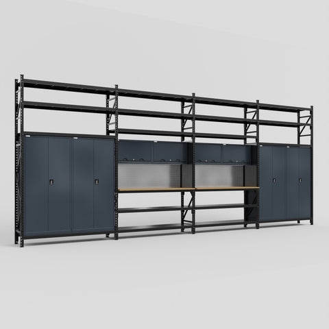 M2222 Modular Work Bench with Shelves - H3100mm x W7500mm | MDF WBT | Dark Grey