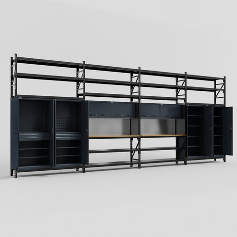 M2222 Modular Work Bench with Shelves - H3100mm x W7500mm | MDF WBT | Dark Grey