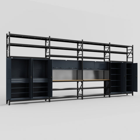 M2222 Modular Work Bench with Shelves - H3100mm x W7500mm | MDF WBT | Dark Grey
